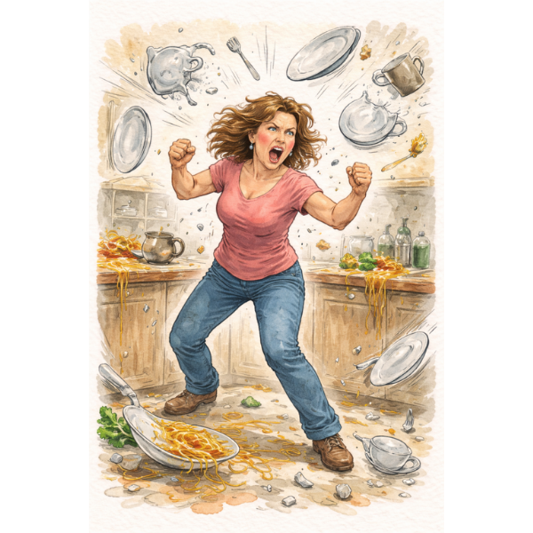 Woman in the kitchen throwin dishes around her