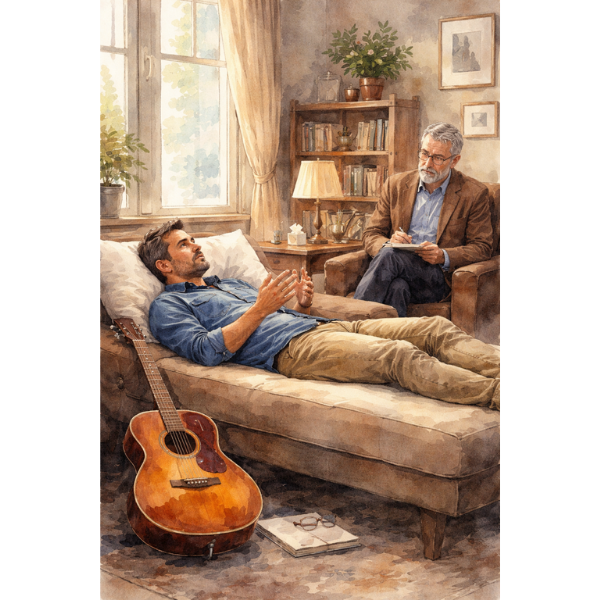 a man with a guitar on a therapy couch